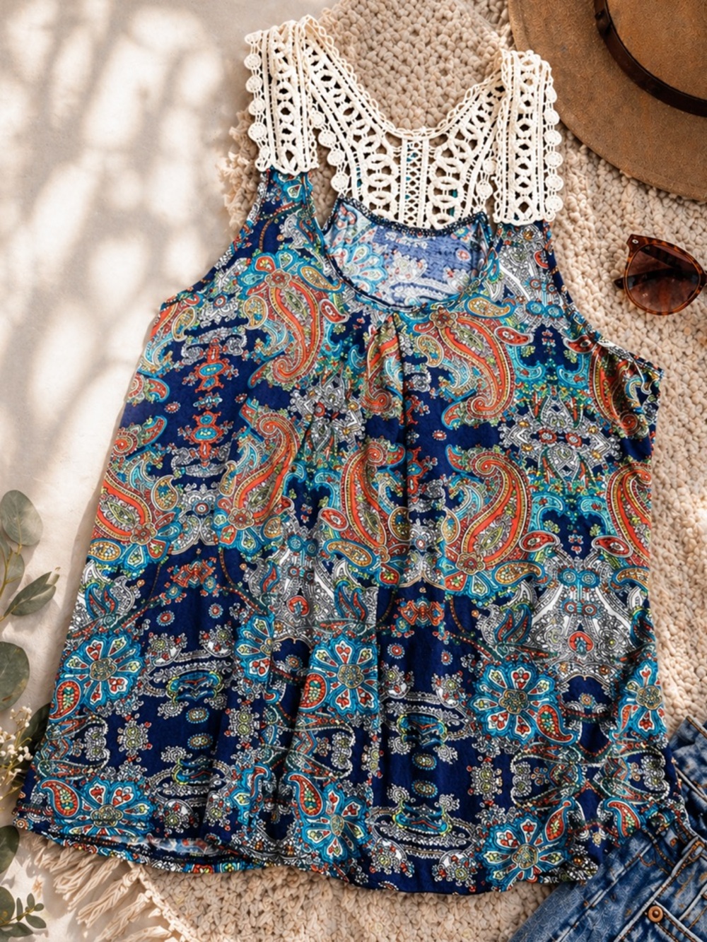 Papermoon Stitch Fix Boho Paisley Tank Top Crochet Lace Yoke Blue S
